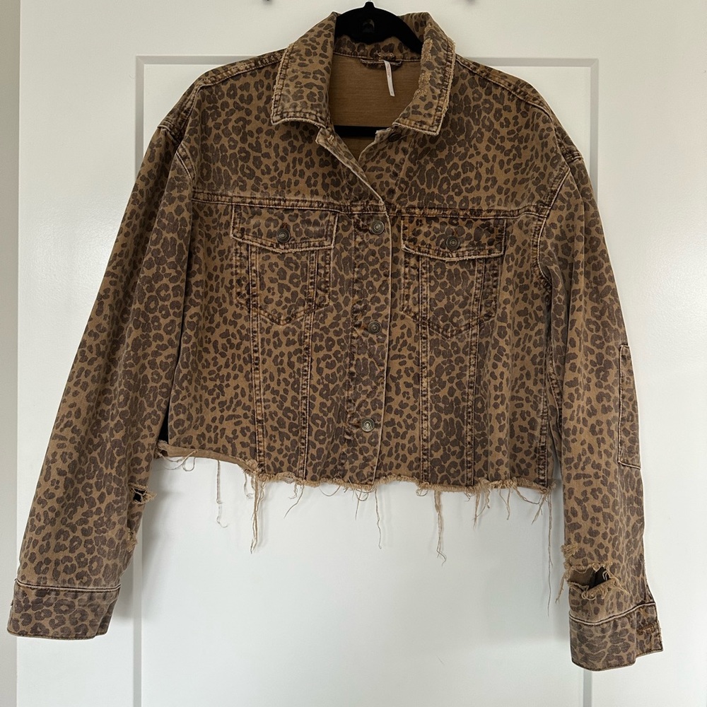 Free People Cropped Cheetah Jean Jacket